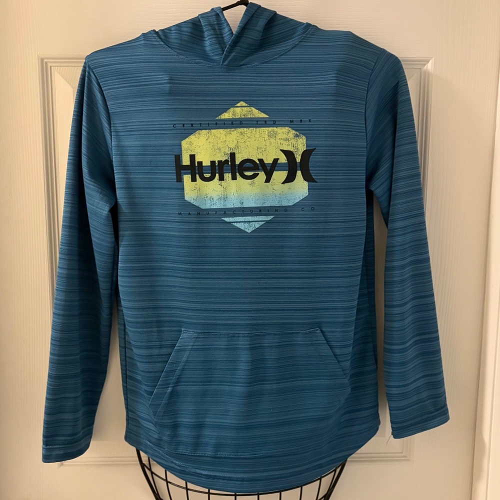 Hurley Boys Blue Space Dye Graphic Logo Performance Hoodie Sweatshirt Sz L 12-13